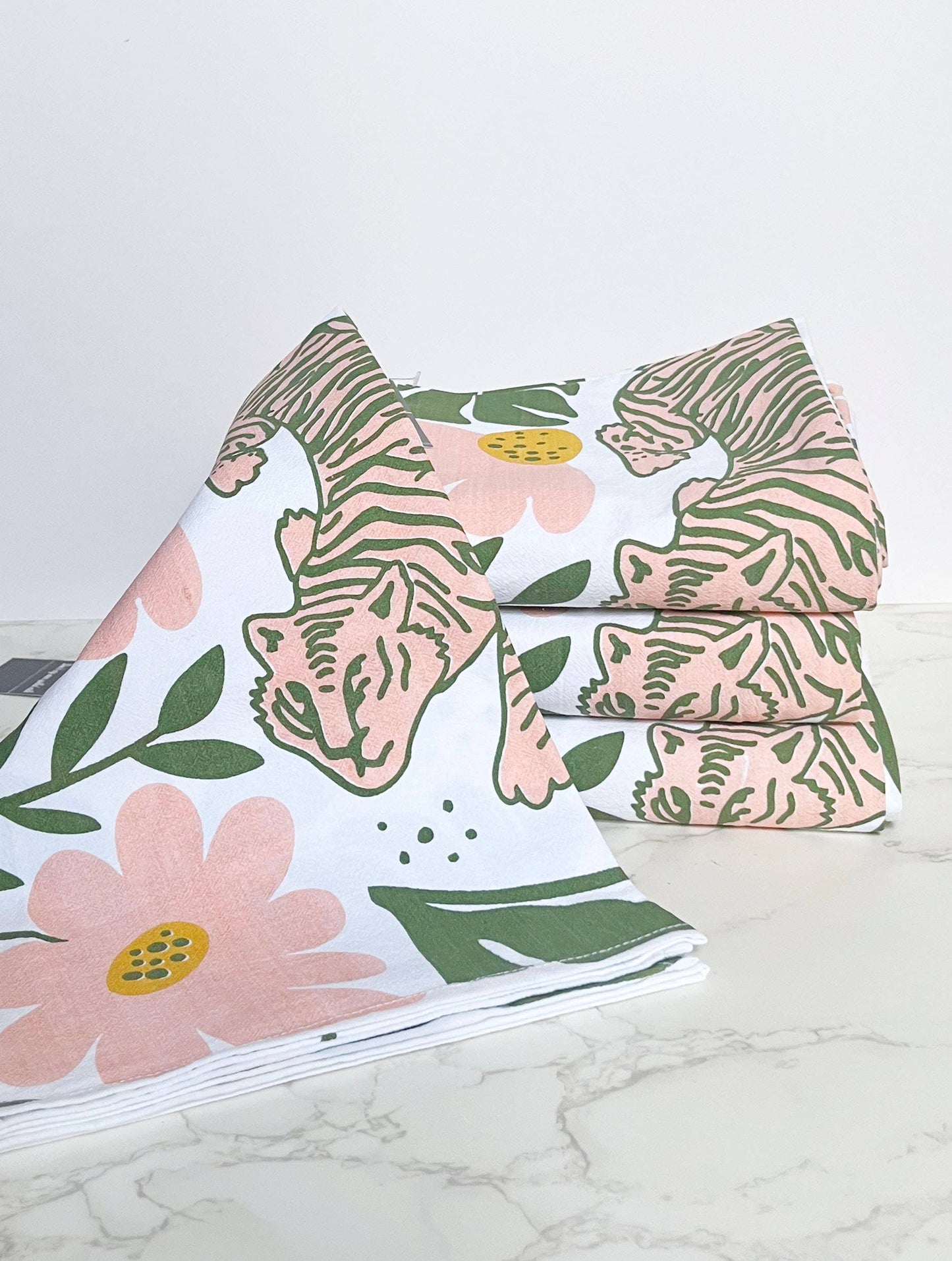 Tiger Floral Tea Towel - Modern Boho Pink and Green Flowers