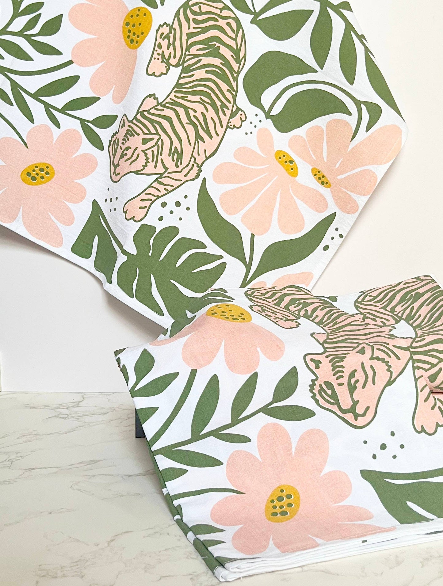 Tiger Floral Tea Towel - Modern Boho Pink and Green Flowers