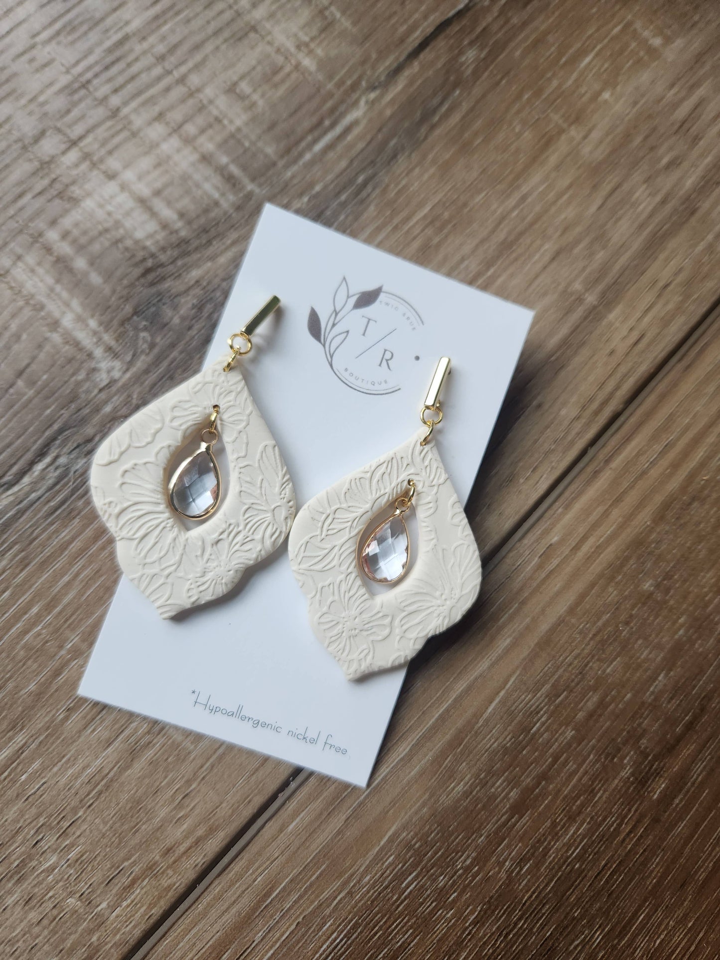 Willow| Floral clay earring with crystal teardrop