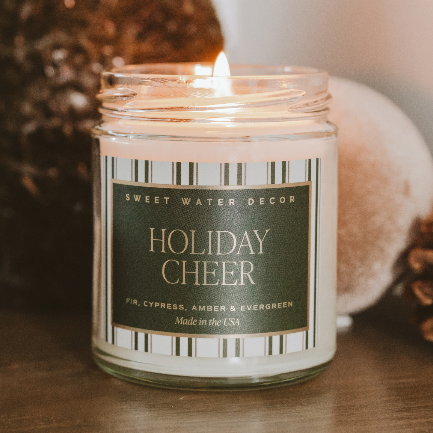 Holiday Cheer Stripes 9 oz Soy Candle - Christmas Decor