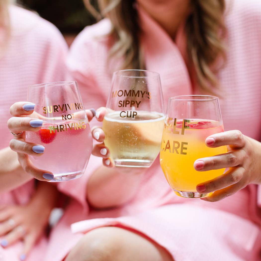 Surviving Not Thriving - Gold Foil Stemless Wine Glass