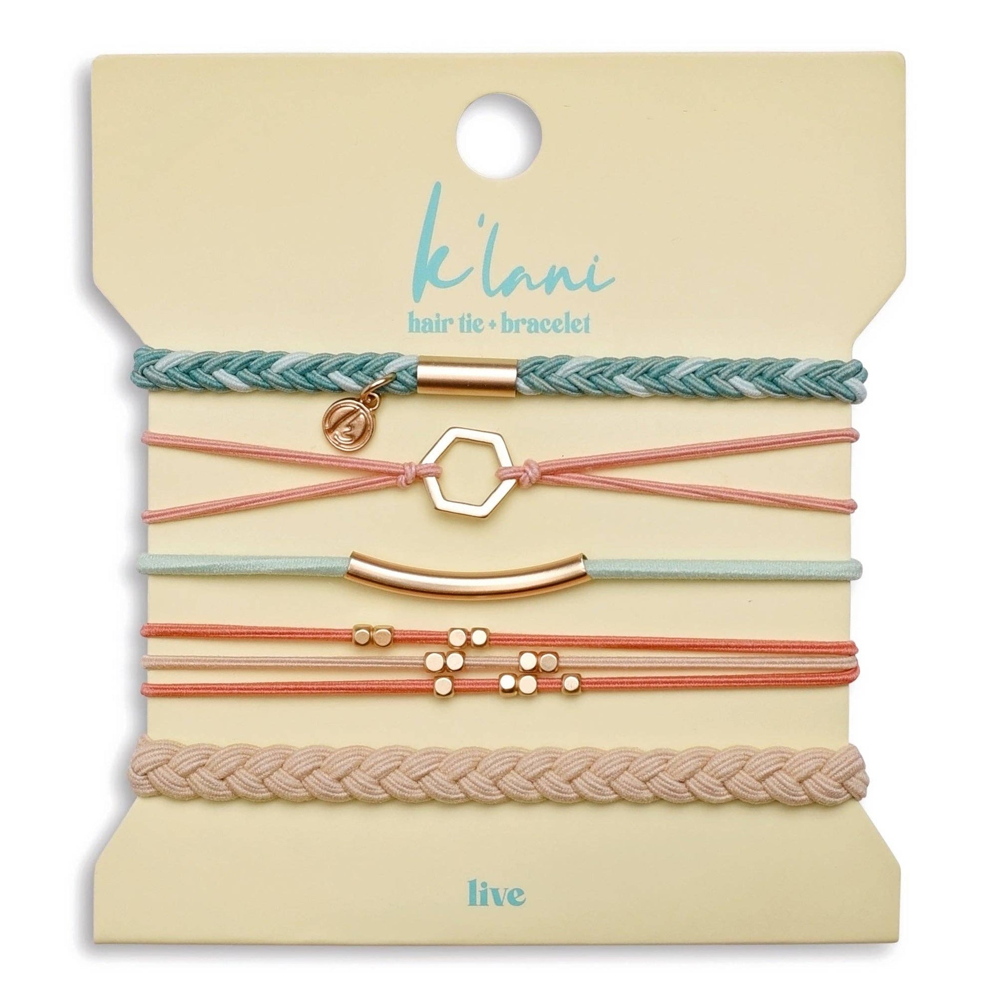 Set of hair ties and bracelets on a 'klari' branded card