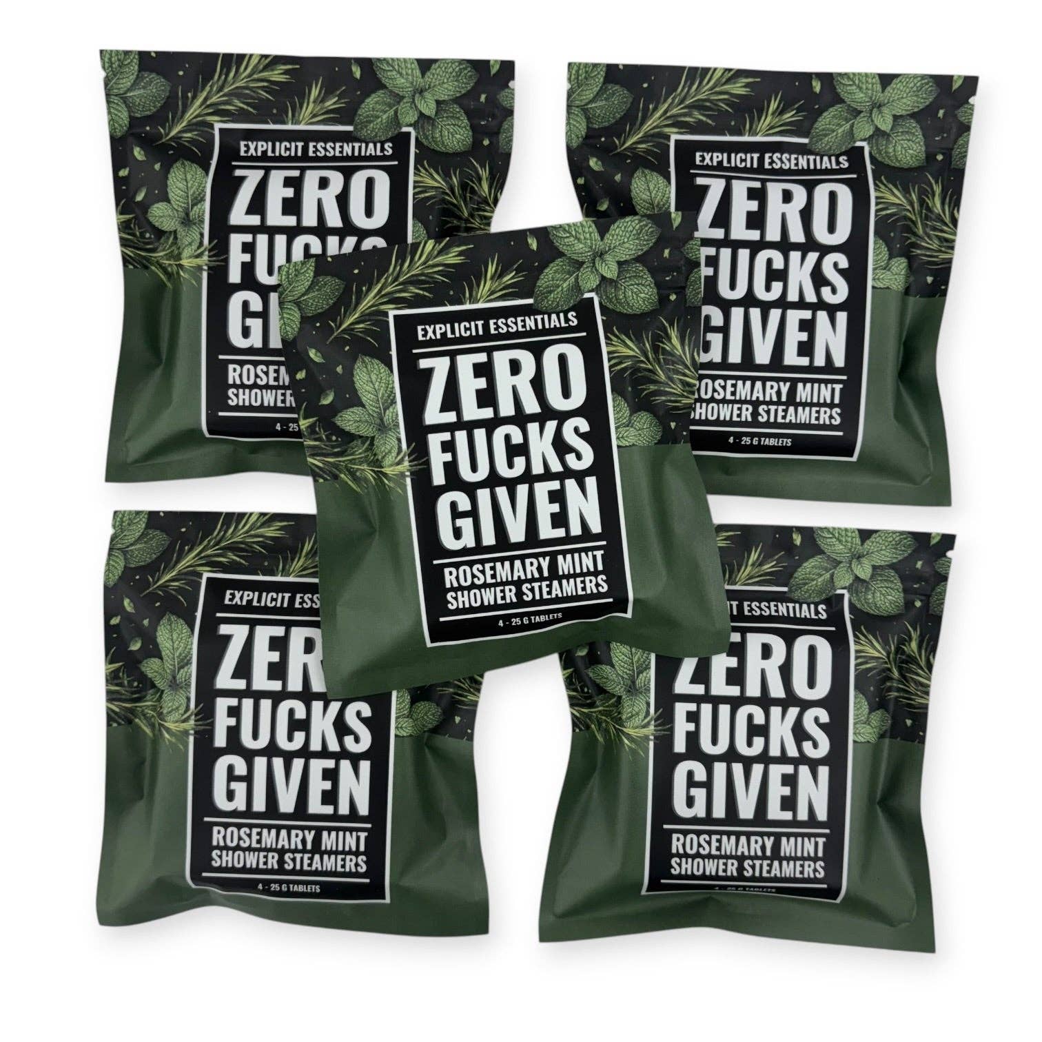 Five packages of 'Zero Fucks Given' rosemary mint shower steamers on a white background.